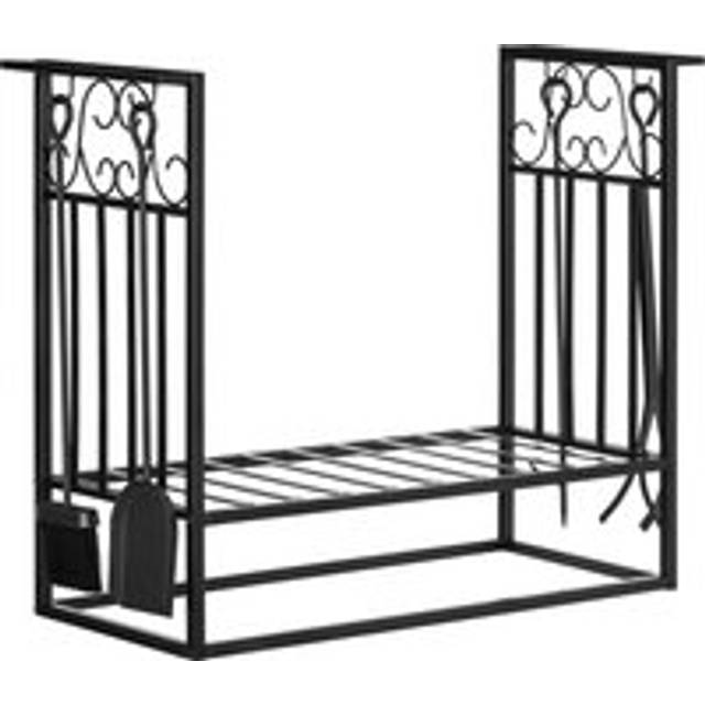 HOMCOM Vintage Style Powder Coated Steel Firewood Log Rack Holder w/ Shovel Broom Poker Tong Tools Hooks Indoor Outdoor Home Storage Black Aosom UK