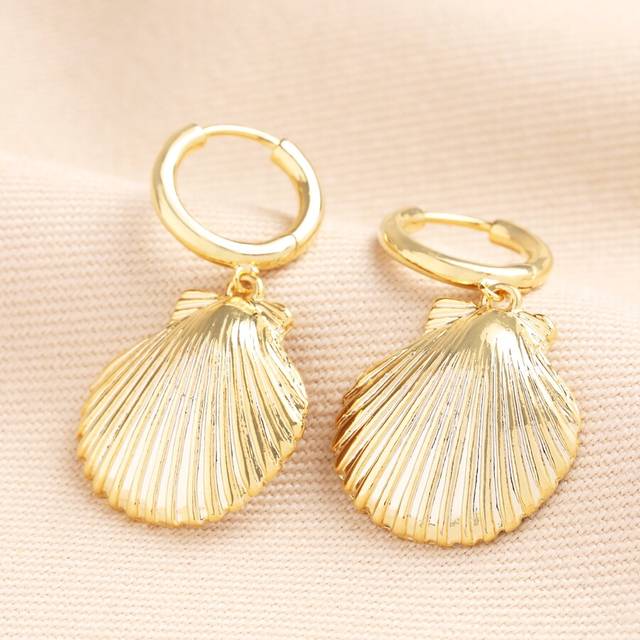 Large Shell Charm Huggie Hoop Earrings in Gold - gold - one size