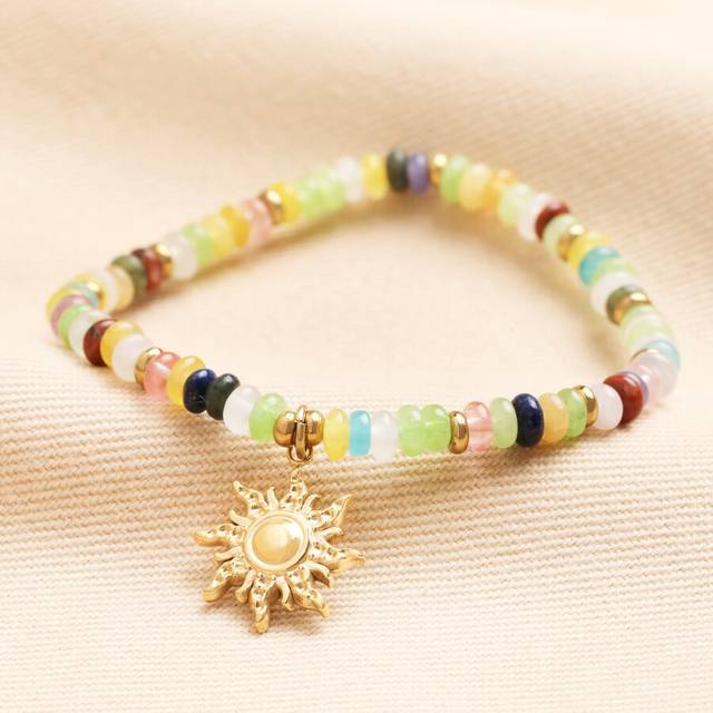 Semi Precious Beaded Sun Charm Bracelet in Gold - gold