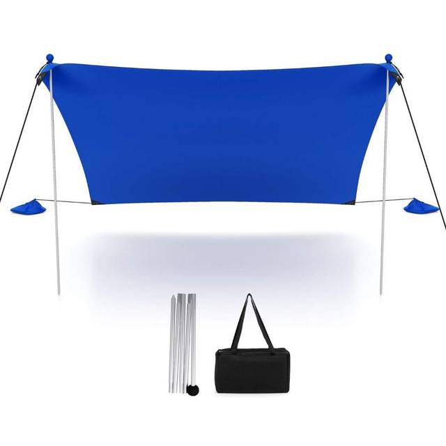 Strandtält 230 x 200 cm UPF 50+ soltält med sandankare, sandsäckar och 2 stödstolpar blå