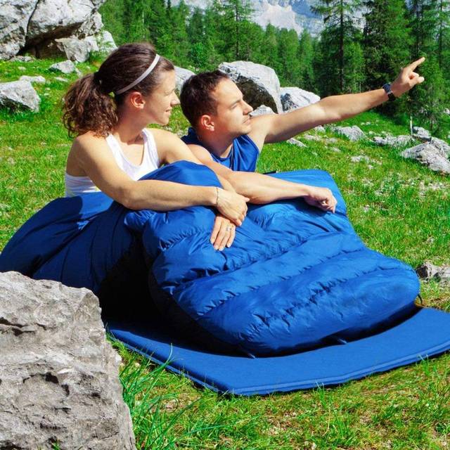 Goplus dubbelsovsäck 2 personer XL filt sovsäck sovsäck med 2 kuddar svart/blå 220 x 150 cm-blå