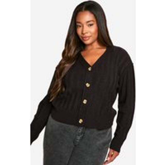 Womens Plus Seam Detail Soft Rib Knit Boyfriend Cardigan - Black - 26
