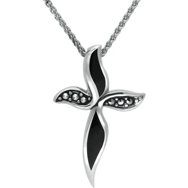 Sterling Silver Whitby Jet and Marcasite Wavy Cross Necklace - Silver