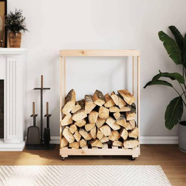 vidaXL Vedställ med hjul 76,5x40x108 cm massiv furu