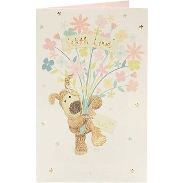 Boofle holding flowers birthday card