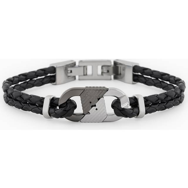Emporio Armani Men's Two-Tone Bar ID Leather Bracelet, Black