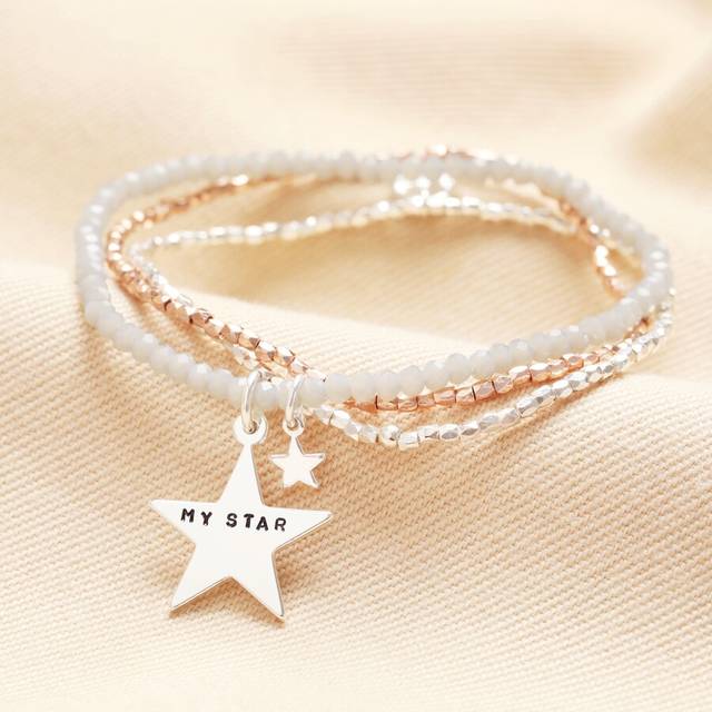 Personalised Mixed Metal Star Charm Multi Layer Beaded Bracelet - silver/rose gold/grey - one size