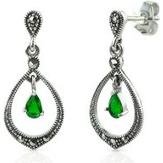 John Greed Signature Silver Marcasite & Emerald CZ Open Drop Earrings For Women - silver