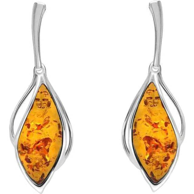 Sterling Silver Orange Amber Open Marquise Drop Earrings