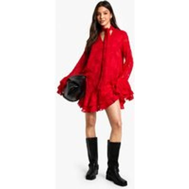 Womens Burnout Floral Ruffle Smock Dress - Red - 10