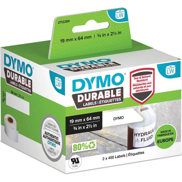 DYMO LW Durable Industrial Labels for LabelWriter Label Printers, White Poly, 19 x 64 mm, 2 Rolls of 450 (1933085)
