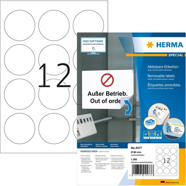HERMA Self Adhesive Removable Round Labels, 12 Labels per A4 Sheet, 100 Sheets, ? 60 mm, 1200 Labels, Blank Multipurpose Labels Stickers, Sticky Dots