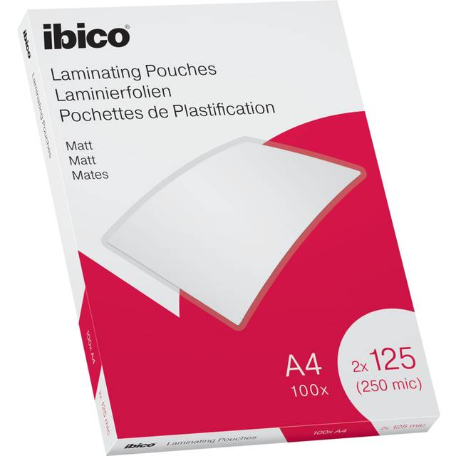 Ibico A4 Laminating Pouches, 250 Micron (2x125), High Document Protection & Durability, Pack of 100, Matt Finish, Clear, 627323