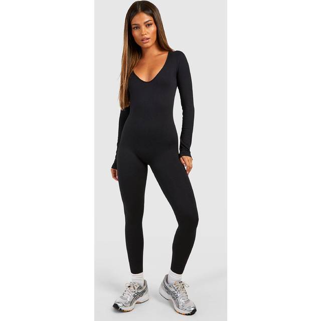 Womens Seamless Contour Rib Scoop Neck Long Sleeve Unitard - Black - M, Black
