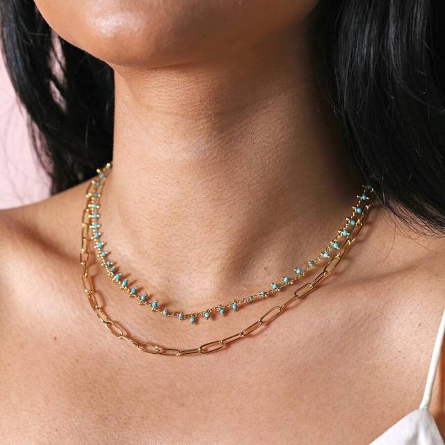 Teal Stone Droplet and Cable Chain Layered Necklace in Gold - gold/blue - one size