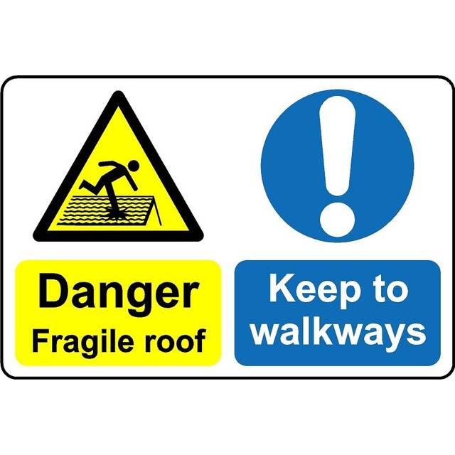 Danger fragile roof keep to walkways safety sign - 1mm Plastic sign - 600mm x 400mm
