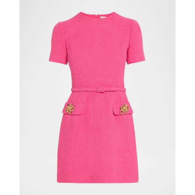 Short-Sleeve Rose-Button Tweed Mini Day Dress With Belt - BRIGHT PINK - 6