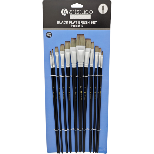 Pack of 12 Art Studio Premium Black Flat Brush Set