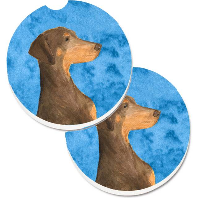"""""Caroline's Treasures Blue Doberman Set of 2 Cup Holder Car Coasters SS4755-BUCARC  2.56  Multicolor"""""