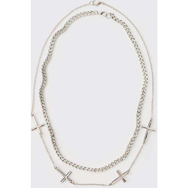 Mens Silver Layered Necklace with Cross Charms