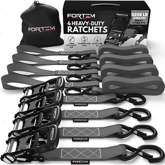 FORTEM Ratchet Tie Down Straps, 2362kg Break Strength, (4) 3.04 Meter Heavy Duty Straps, (4) Soft Loops, Rubber Coated Metal Handles, Plastic Coated M