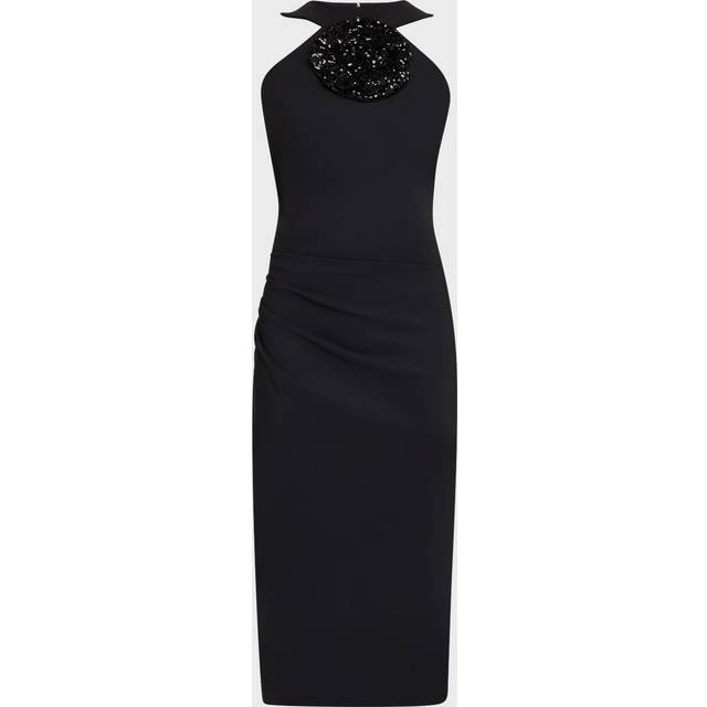 Bodycon Flower-Embellished Halter Midi Dress - BLACK - 10