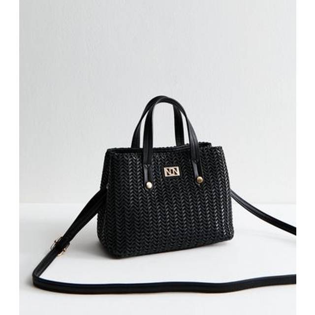 New Look Black Faux Leather Woven Mini Tote Bag