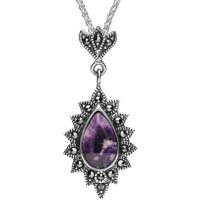 Sterling Silver Blue John Marcasite Beaded Edge Pear Necklace - Silver
