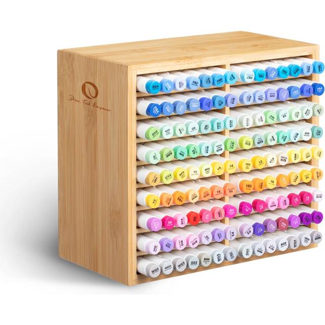 Ohuhu Bamboo Marker Organizer, Wooden Desktop Storage Hold 224 Markers, Markers Pens Pencils Art Brushes Stationary Organizer Pencil Holder with 32 Co