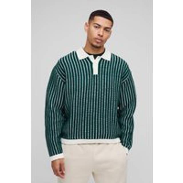 Oversized Boxy Striped Knitted Polo - Green - XL