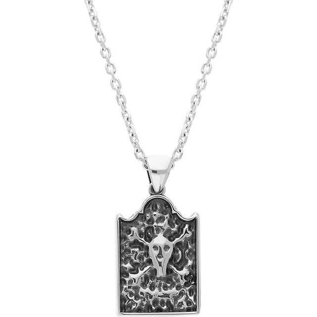 Sterling Silver Whitby Jet Gravestone Skull and Crossbones Large Pendant - Silver
