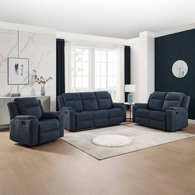Orka 1+2+3 Seater Fabric Manual Recliner Sofa Set Blue (86cm H X 201cm W X 77cm D)