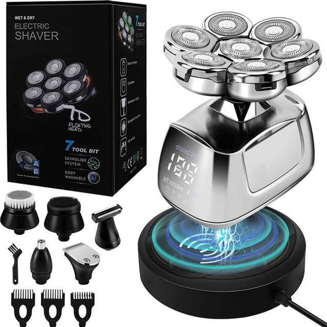 Men's Electric Shaver, 7D Floating Rotary Shaver Bald Razor Wet & Dry