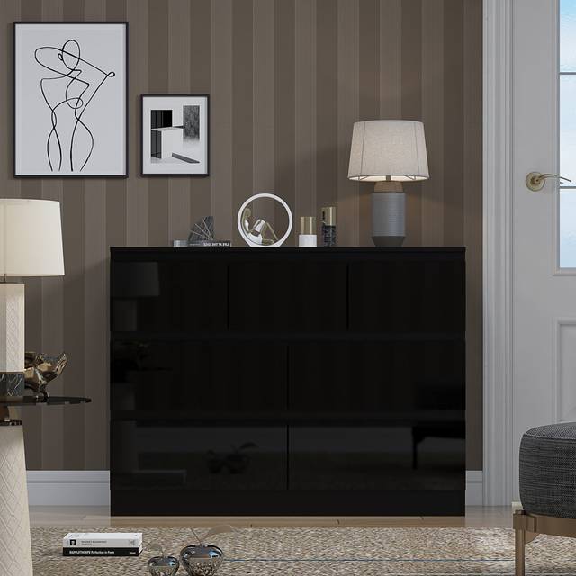 Warren 7 Drawer Merchant Chest Of Drawers: 4 + 3 Configuration. Scratch Resistant. Handleless Design. 14cm Deep Drawers - Black (81cm H X 106cm W X 40cm D)