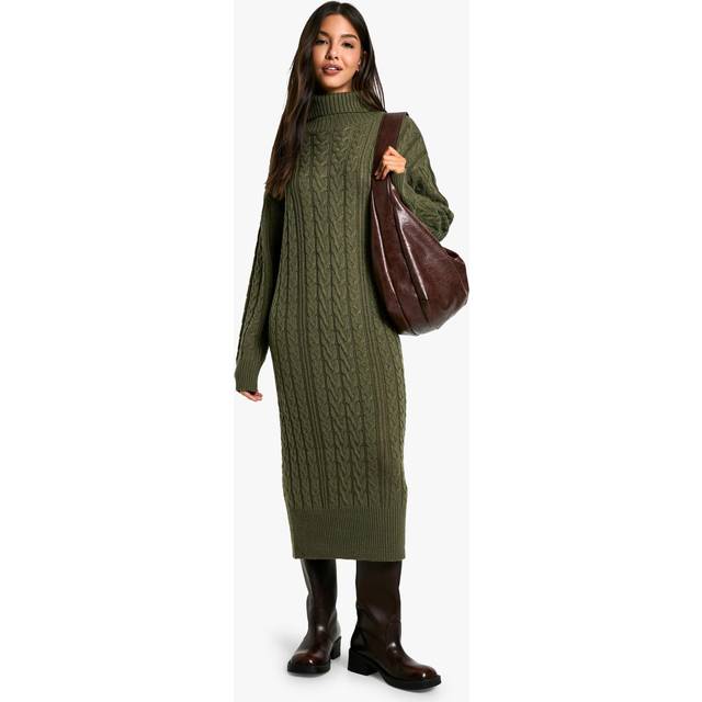 Womens Cable Knit Roll Neck Midi Dress - Green - 8, Green