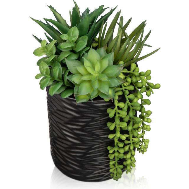 25Cm Artificial Succulents In Pots Faux Succulents Plants Fake Succulent Arrangement Potted Plants With Black Ceramic Vase For Office Desk Bathroom Sh - Green (25cm H X 15cm W X 15cm D)