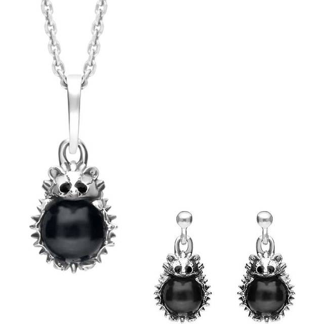 Sterling Silver Whitby Jet Tiny Hedgehog Two Piece Set