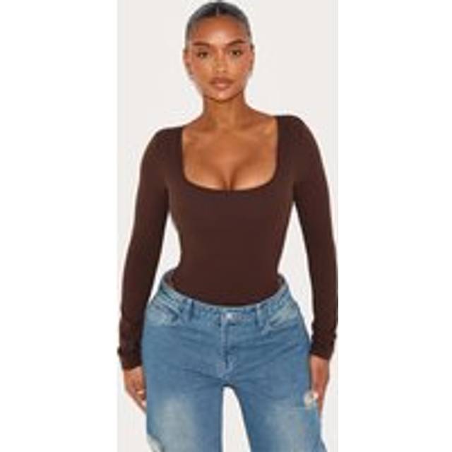 Shape Chocolate Built In Bra Sculpt Square Neck Long Sleeve Bodysuit, Chocolate - 14