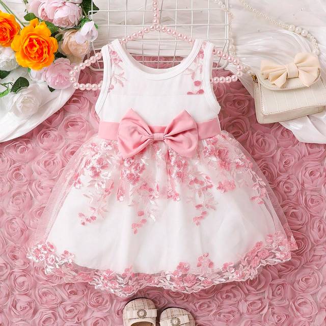 SHEIN Baby Girl Floral Embroidery Mesh Overlay Bow Front Dress