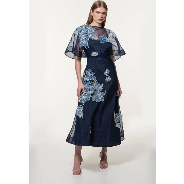 Floral Applique Organdie Woven Maxi Dress - Navy