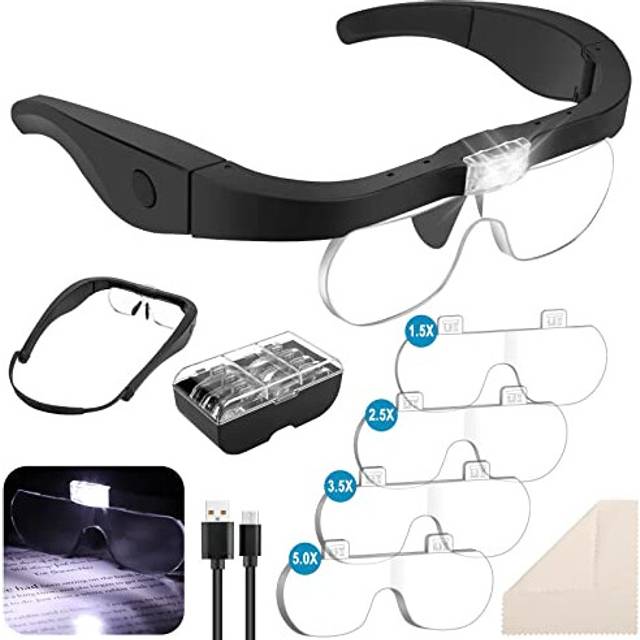 Headband Magnifier with 2 LED Light,Handsfree Headset Loupe Head Mounted Magnifying Glasses with 4 Detachable Lenses for Reading,Electronic