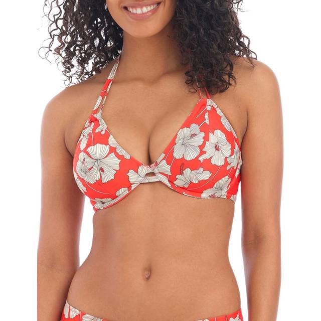 Freya Womens Hibiscus Beach Halter Bikini Top - Red Nylon - Size 30D