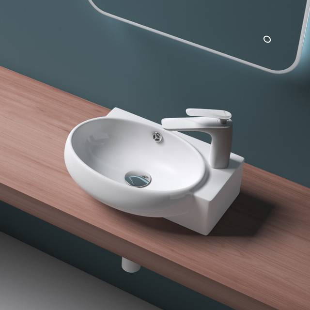 Cloakroom wash basin ceramic wall hung countertop small oval sink + waste 420mm