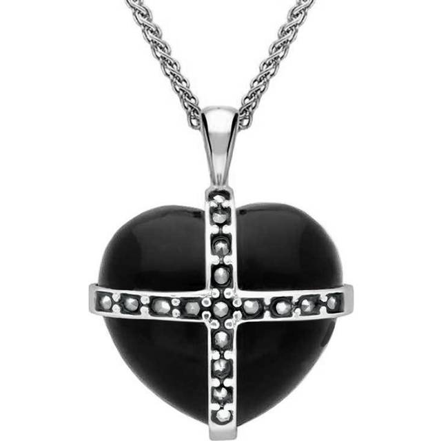 Sterling Silver Whitby Jet Seventeen Marcasite Medium Cross Heart Necklace - Option1 Value Silver