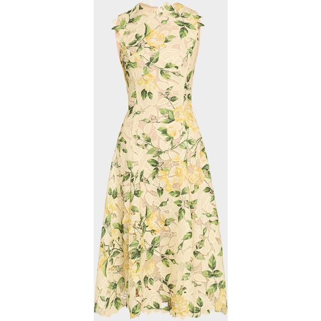 Sleeveless Printed Garden Rose Guipure A-Line Dress - YELLOWSOFT YELLOW - 4