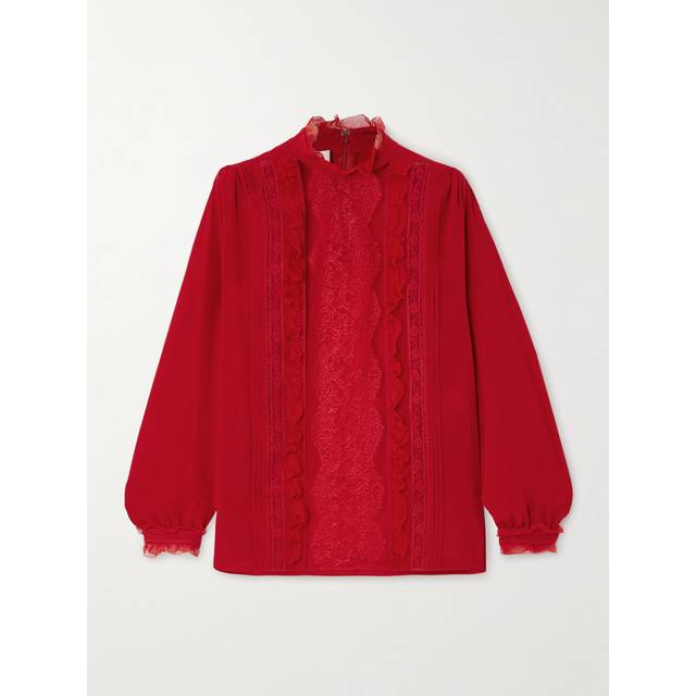 High-Neck Ruffle Lace-Bib Silk Blouse - DARK RED - 46 IT (10 US)