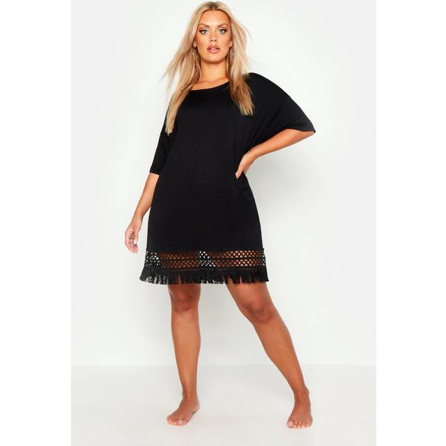 Womens Plus Crochet Tassel Hem Beach Dress - Black - 16