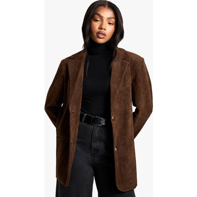 Womens Vintage Look Faux Suede Relaxed Fit Blazer - Brown - 12, Brown