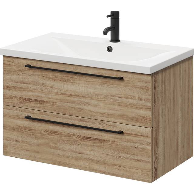 Napoli Wall Mounted Vanity Unit for Countertop Basins with 2 Drawers and Matt Black Handles | Bordalino Oak | MDF | 800mm