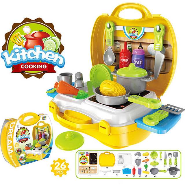 (Yellow) Children Simulation Kitchen Cook Tableware Dresser Cashier Tool Suitcase Doctor House Toys